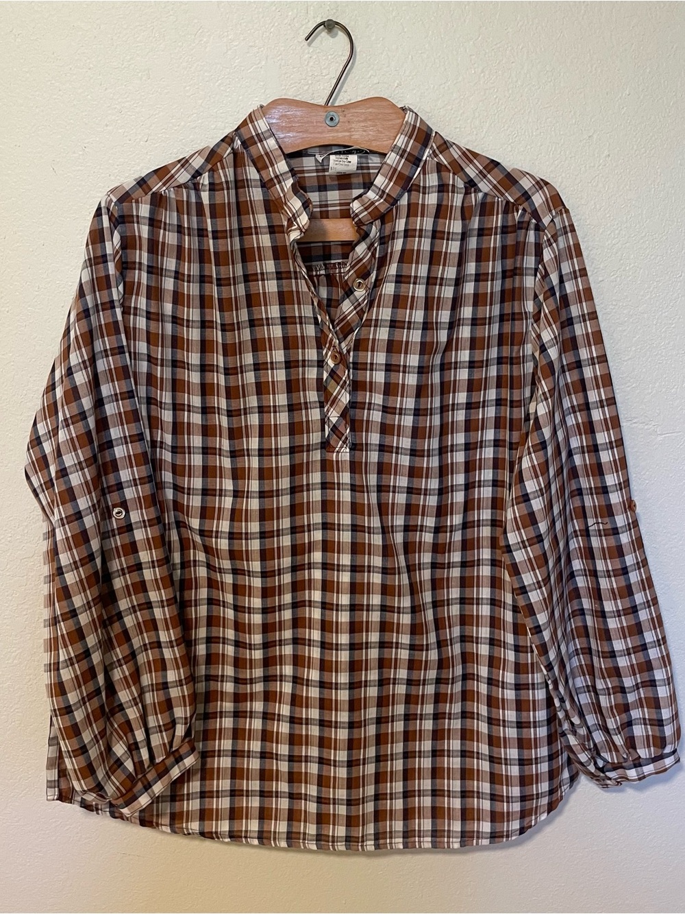 Vintage 70s/80s Copy-Cats Plaid Mandarin Collar Henley Blouse